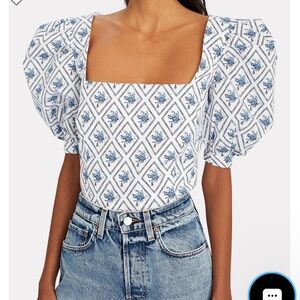 Caroline Constas Blue and White Puff Sleeve Blouse
